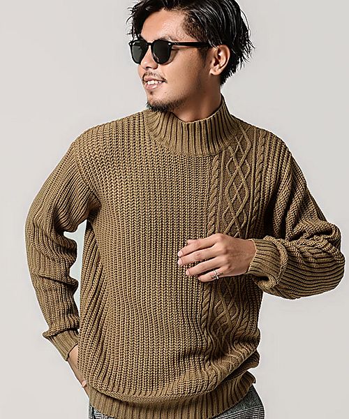 キャバリア CavariA CavariA【キャバリア】ケーブル編み切替ボトルネック長袖ニットソー,BEG(ベージュ)