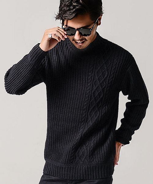 キャバリア CavariA CavariA【キャバリア】ケーブル編み切替ボトルネック長袖ニットソー,BLK(ブラック)