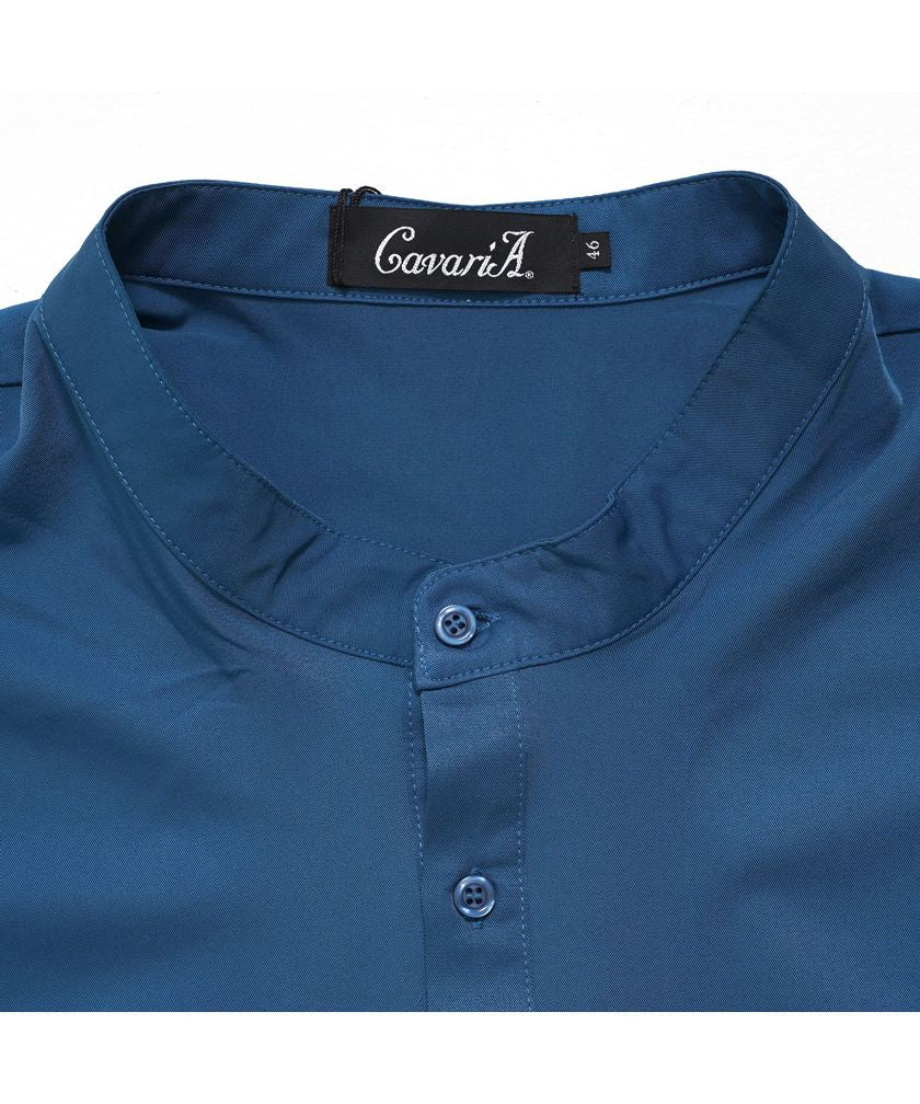 キャバリア CavariA 裾コード付き半袖バンドカラーシャツ V半袖シャツ シャツ メンズ 半袖 トップス カジュアルシャツ 羽織り バンドカラー 無地 ゆったり ピンク ネイビー グリ （GRN(グリーン)） GRN(グリーン)