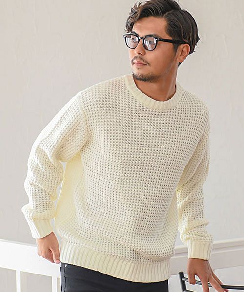 キャバリア CavariA CavariA ヘヴィーウェイトクルーネック長袖ビッグワッフルニット メンズ ワッフルニット  秋 冬 秋服 冬服 ワッフル編み アクリル クルーネック セータ,WHT(ホワイト)