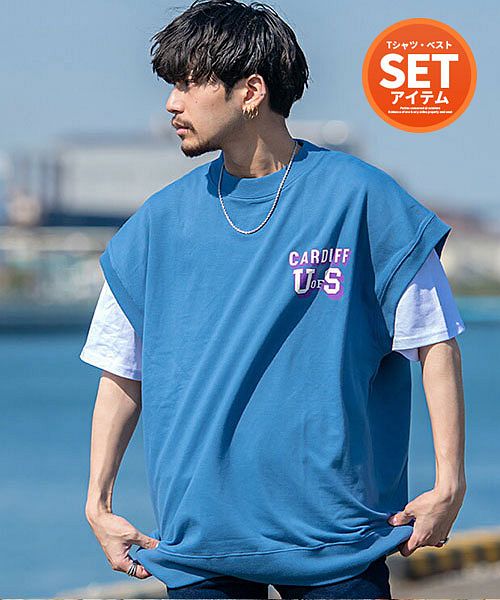 キャバリア CavariA CavariA USAコットン裏毛スウェットベスト×半袖Tシャツセット メンズ ベスト USAコットン 2枚セット ブランド おしゃれ 大人 カジュアル 重ね着