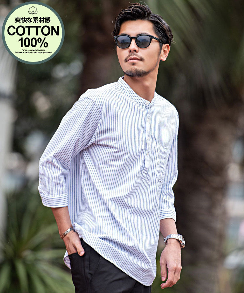 キャバリア CavariA CavariA パナマバンドカラーカプリ7分袖シャツ （WHT STRIPE(ホワイトストライプ)） WHT STRIPE(ホワイトストライプ)