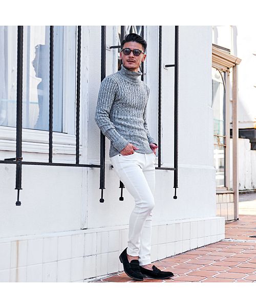 キャバリア CavariA CavariA リブ編みタートルネック長袖コットンニットソー