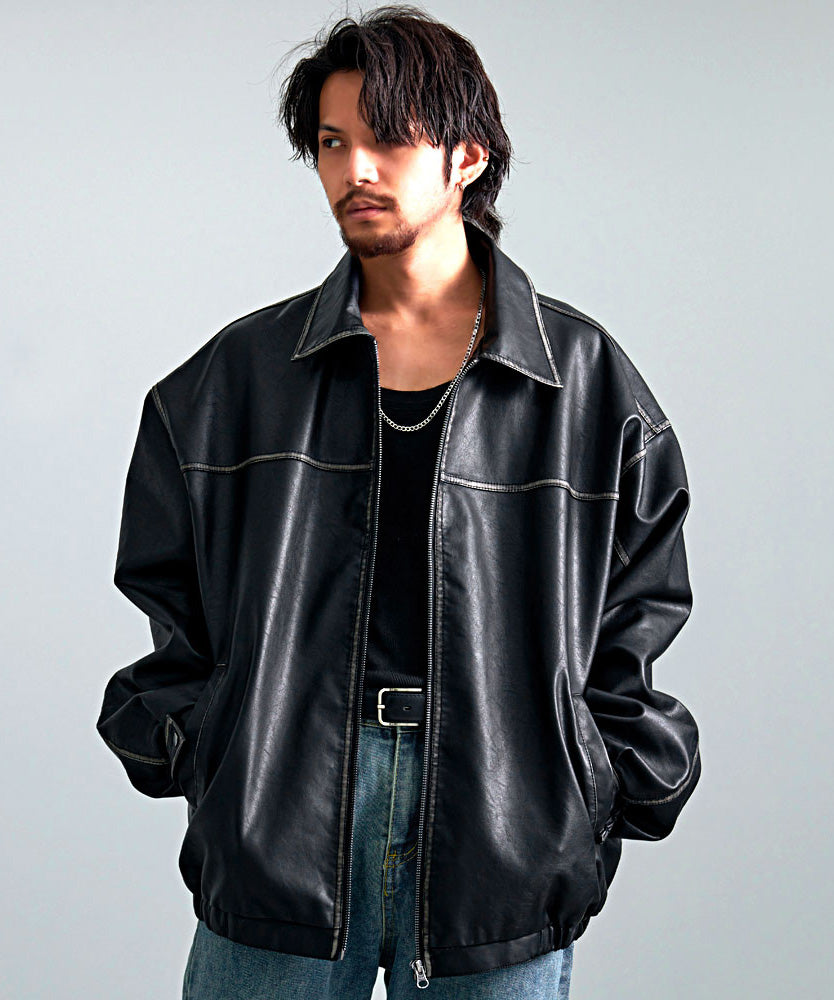 キャバリア CavariA CavariA ヴィンテージ加工PU長袖ブルゾン,1(BLK/ブラック)