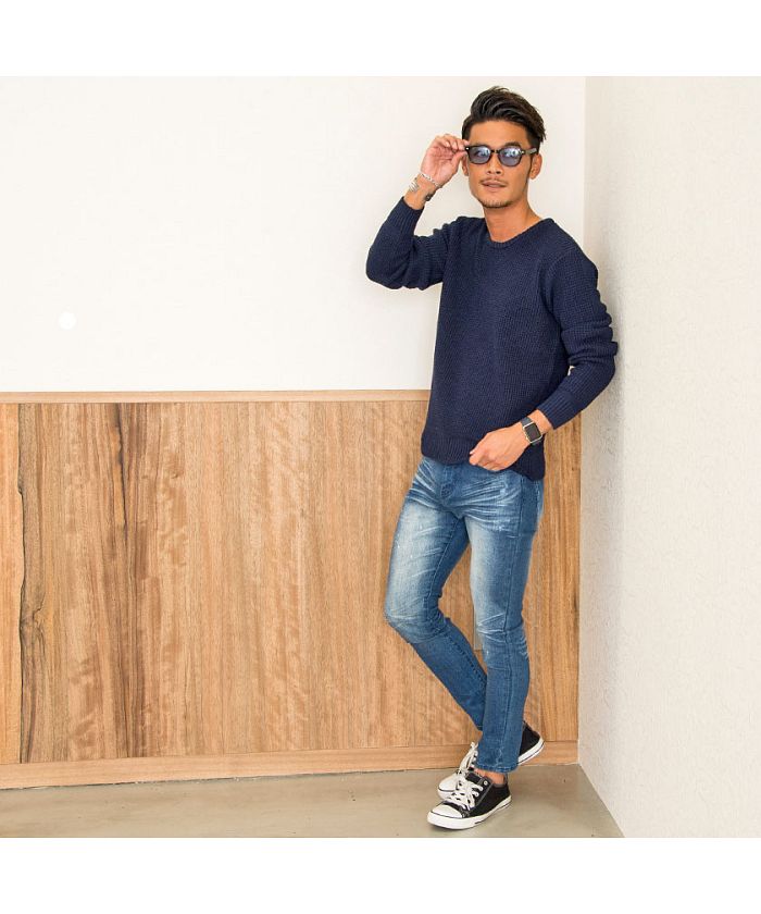 キャバリア CavariA CavariA ラーベン編みクルーネック長袖コットンニットソー