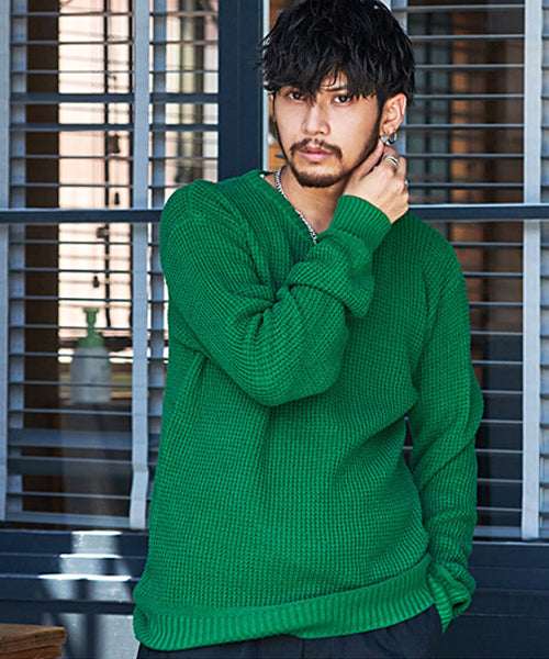 キャバリア CavariA CavariA ラーベン編みクルーネック長袖コットンニットソー,GRN(グリーン)