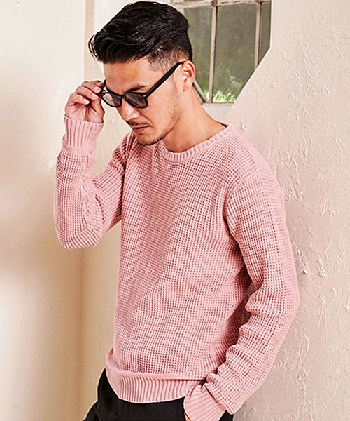 キャバリア CavariA CavariA ラーベン編みクルーネック長袖コットンニットソー,PINK(ピンク)