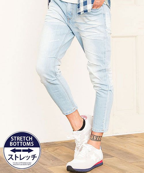 キャバリア CavariA CavariA 膝タッククロップドデニムパンツ メンズ ブランド ジーンズ 大人 カジュアル クロップドパンツ ストレッチパンツ 膝タックパンツ 7分丈 ストレ （BLEACH(ブリーチ)） BLEACH(ブリーチ)