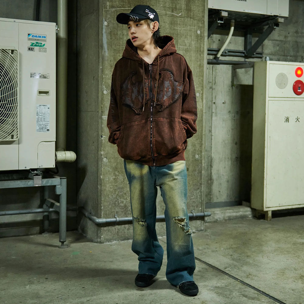 キャバリア CavariA CavariA グランジ加工ジップ長袖パーカー