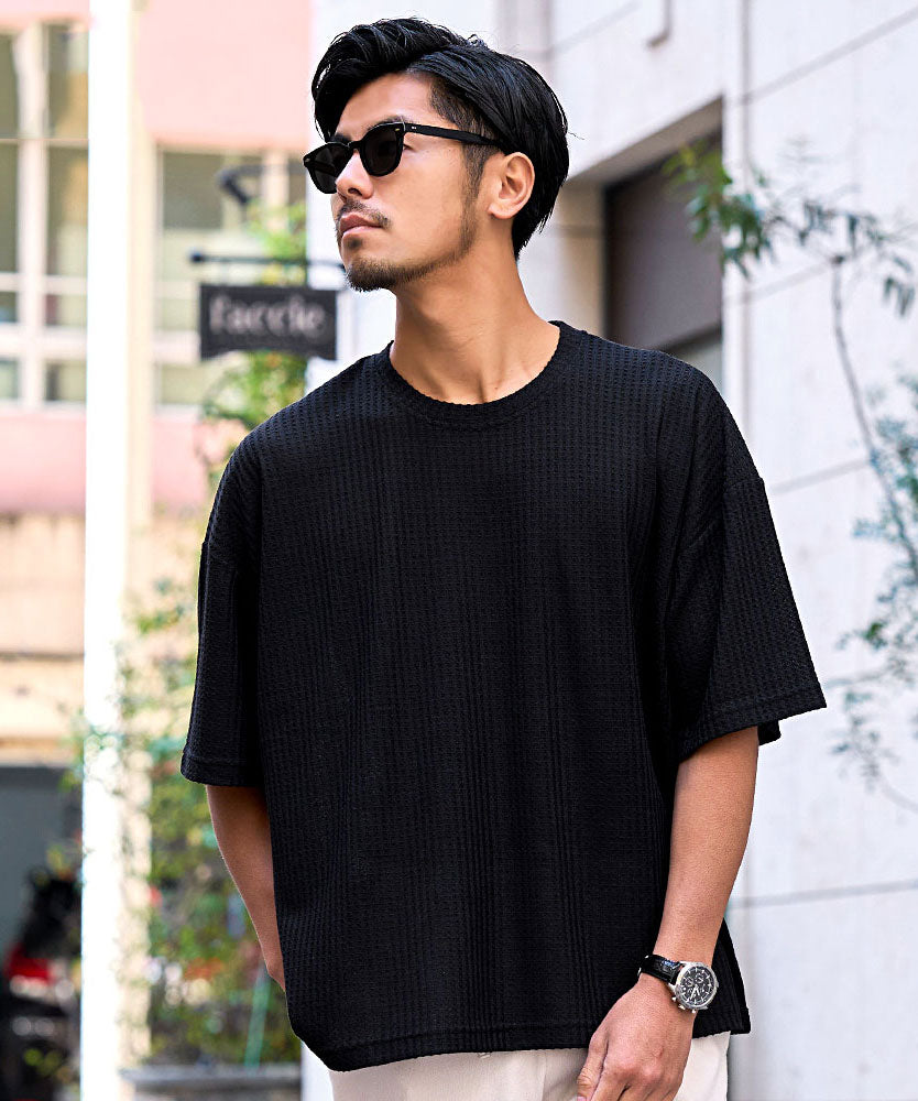 キャバリア CavariA CavariA ワッフル調半袖クルーネックTシャツ （BLK(ブラック)） BLK(ブラック)