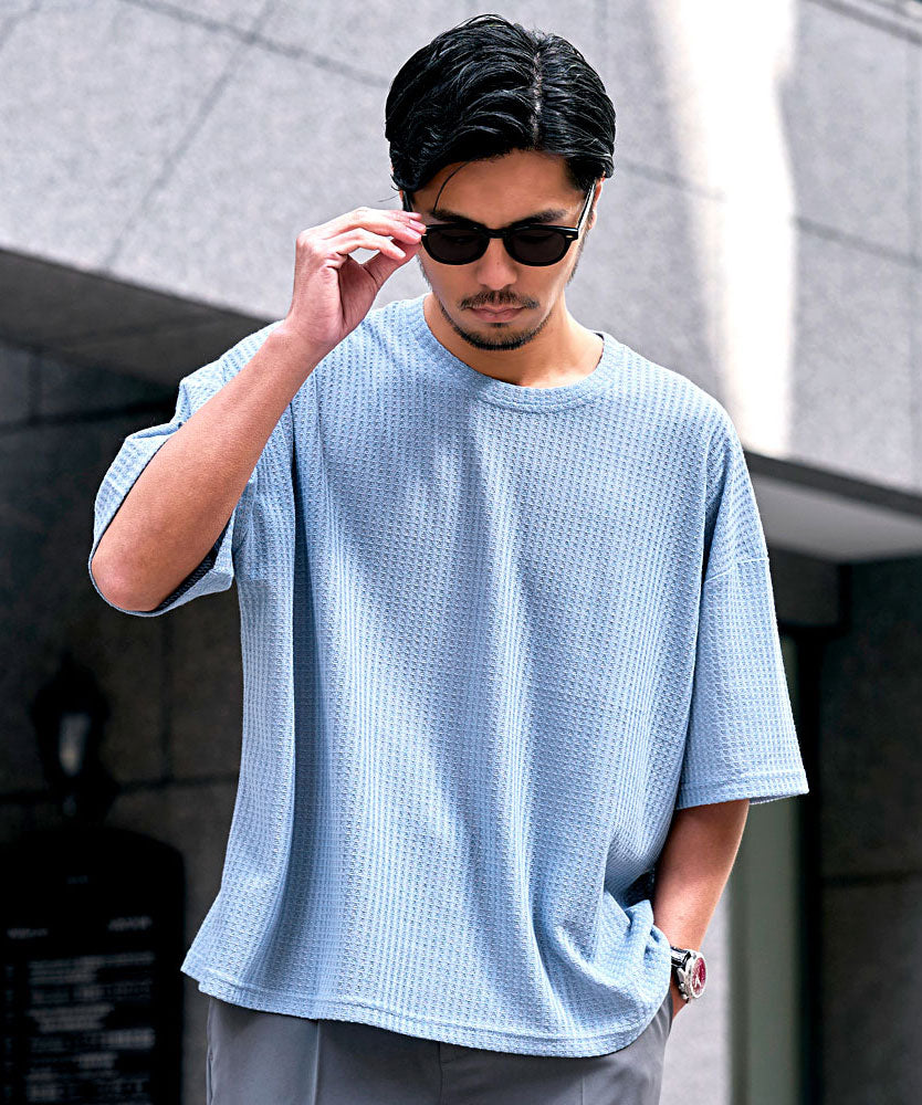 キャバリア CavariA CavariA ワッフル調半袖クルーネックTシャツ （BLU(ブルー)） BLU(ブルー)