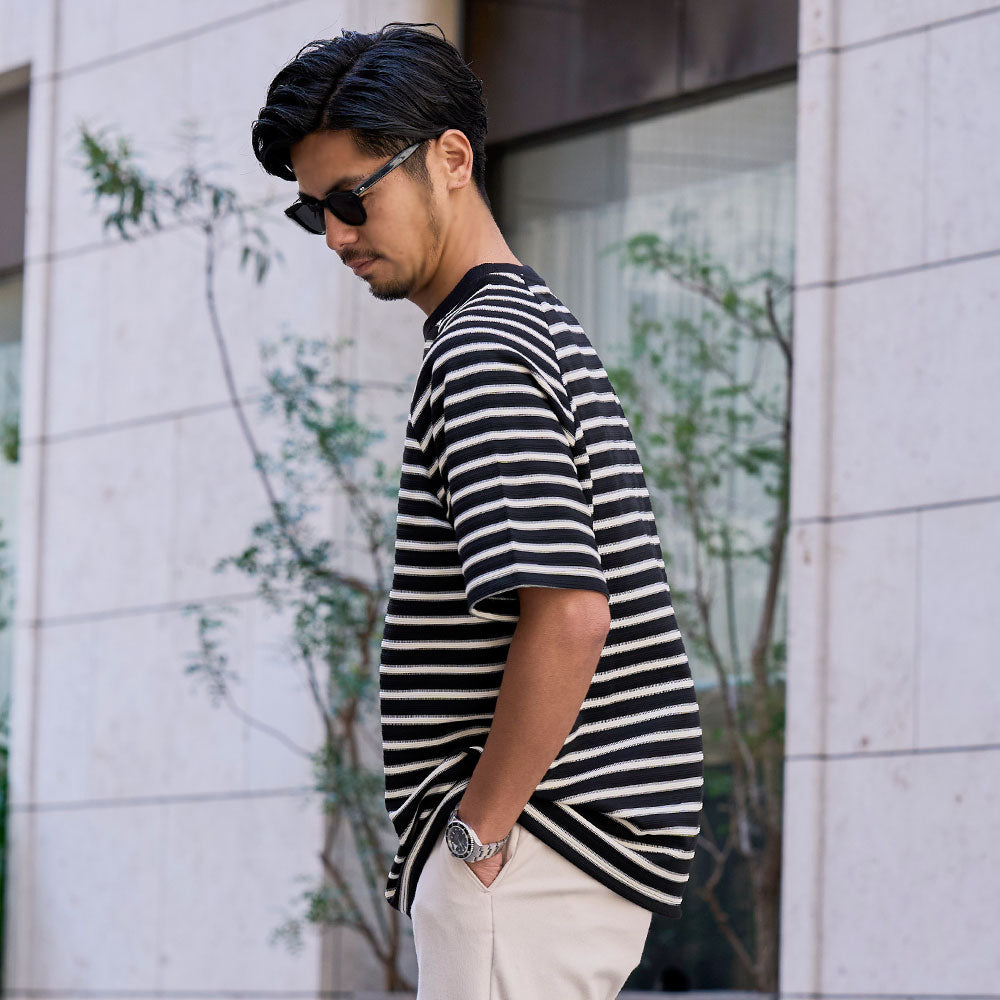 キャバリア CavariA CavariA クルーネック ボーダースピンドル半袖Tシャツ （BLK(ブラック)） BLK(ブラック)