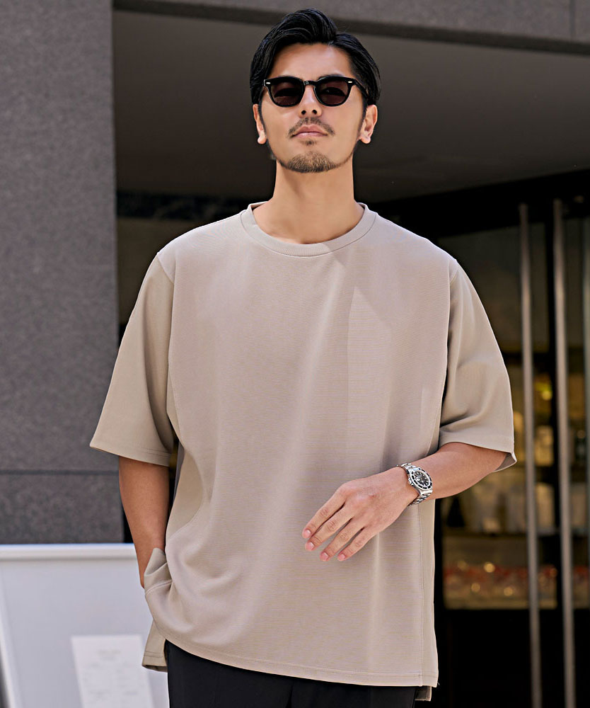 キャバリア CavariA CavariA クルーネック パネルサイドスリット半袖Tシャツ （GREIGE(グレージュ)） GREIGE(グレージュ)
