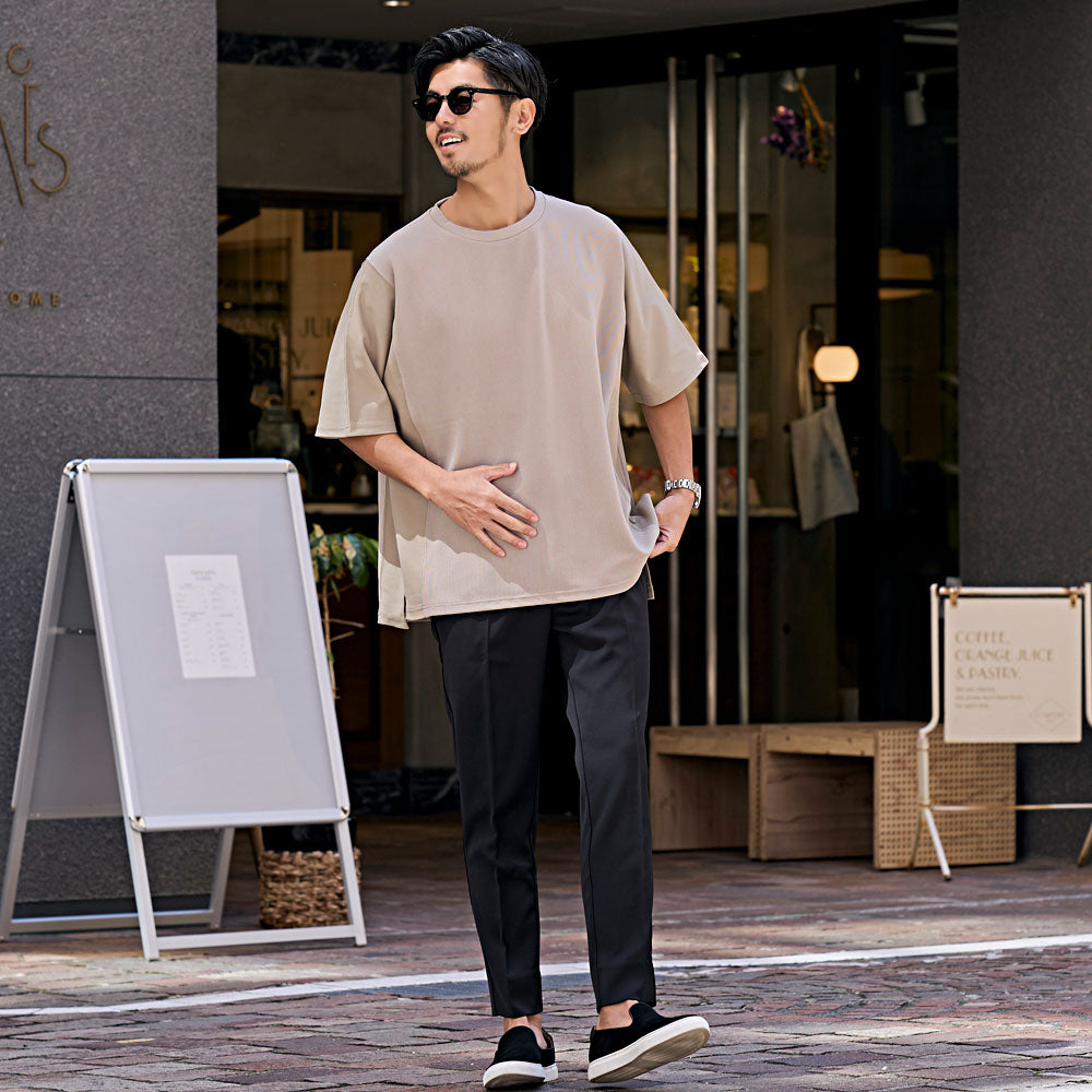 キャバリア CavariA CavariA クルーネック パネルサイドスリット半袖Tシャツ （GREIGE(グレージュ)） GREIGE(グレージュ)