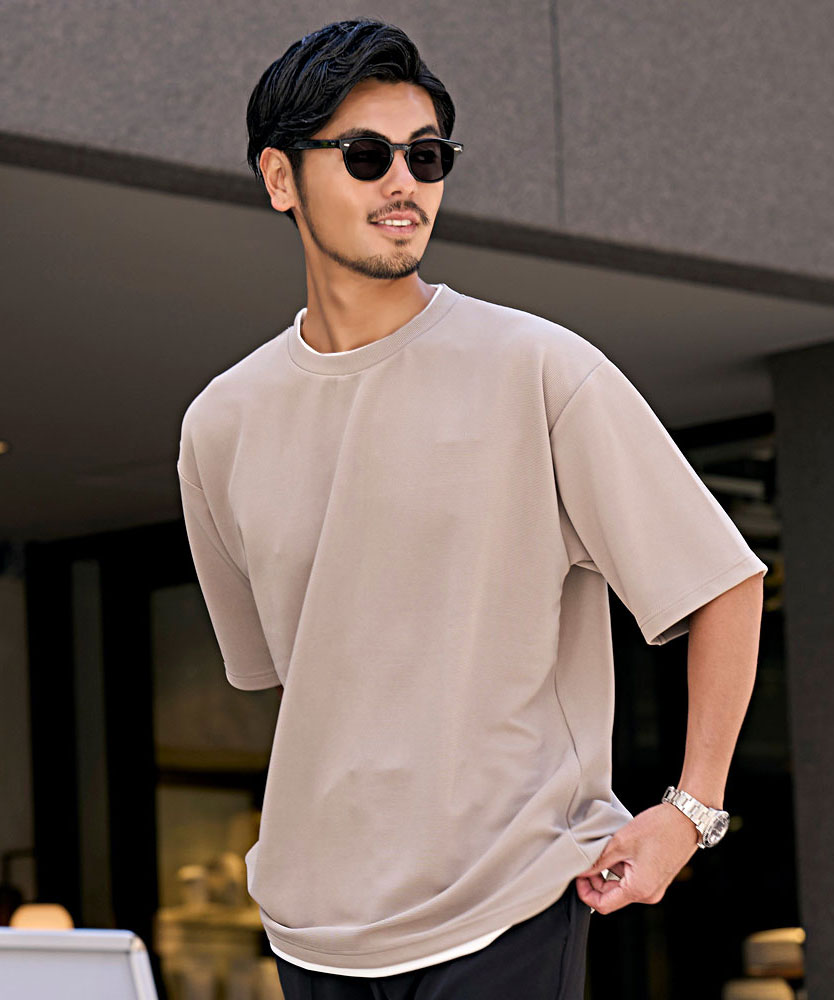 キャバリア CavariA CavariA クルーネック フェイクレイヤード半袖Tシャツ （GREIGE(グレージュ)） GREIGE(グレージュ)