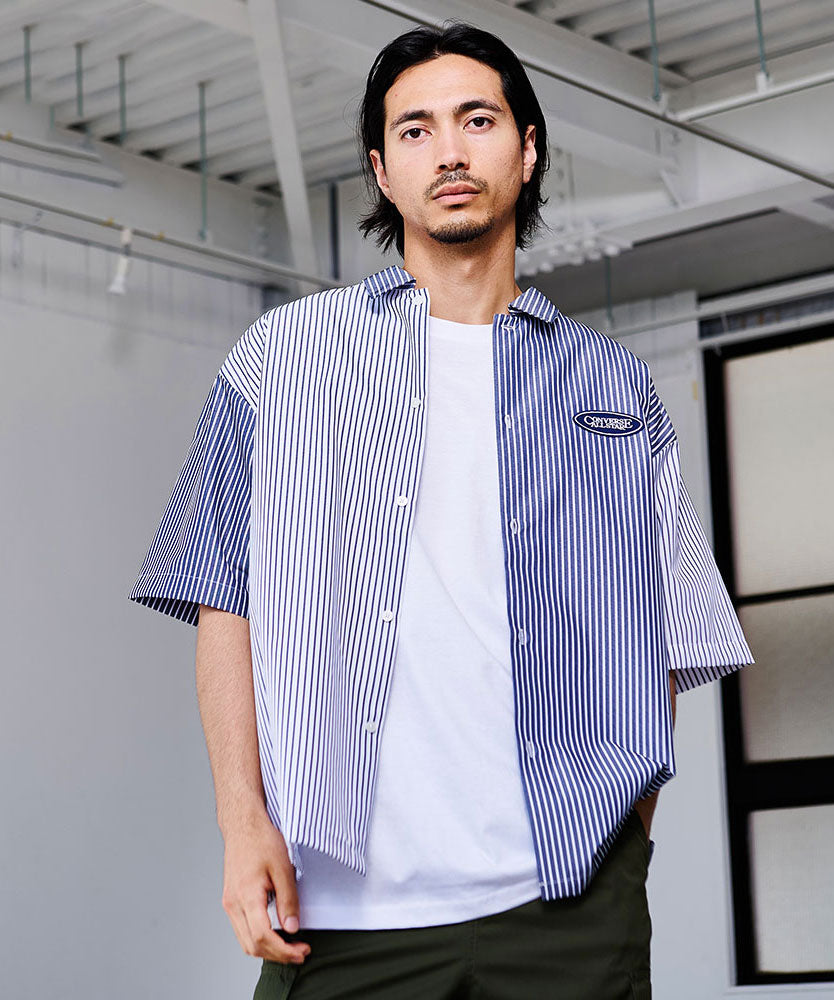 キャバリア CavariA CONVERSE ワッペン付きストライプ半袖オーバーシャツ （90(NAVY×WHT ST/ネイビー×ホワイトストライプ)） 90(NAVY×WHT ST/ネイビー×ホワイトストライプ)
