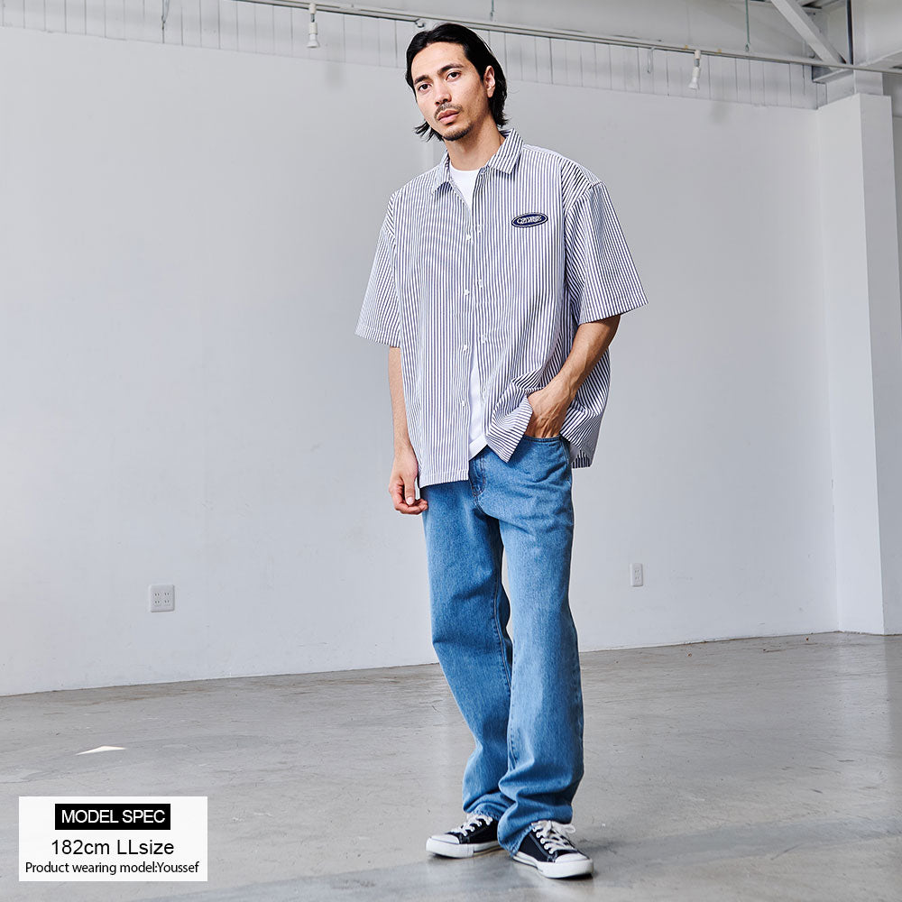 キャバリア CavariA CONVERSE ワッペン付きストライプ半袖オーバーシャツ （90(NAVY×WHT ST/ネイビー×ホワイトストライプ)） 90(NAVY×WHT ST/ネイビー×ホワイトストライプ)