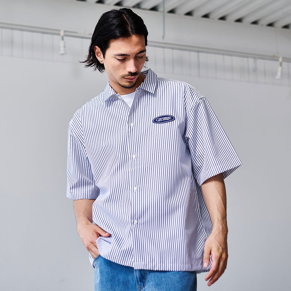 キャバリア CavariA CONVERSE ワッペン付きストライプ半袖オーバーシャツ （90(NAVY×WHT ST/ネイビー×ホワイトストライプ)） 90(NAVY×WHT ST/ネイビー×ホワイトストライプ)