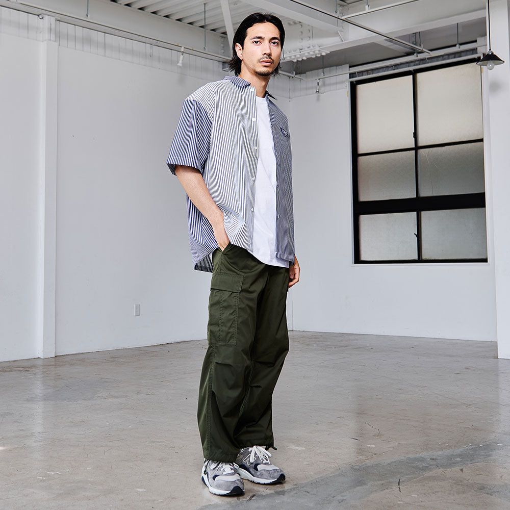 キャバリア CavariA CONVERSE ワッペン付きストライプ半袖オーバーシャツ （90(NAVY×WHT ST/ネイビー×ホワイトストライプ)） 90(NAVY×WHT ST/ネイビー×ホワイトストライプ)