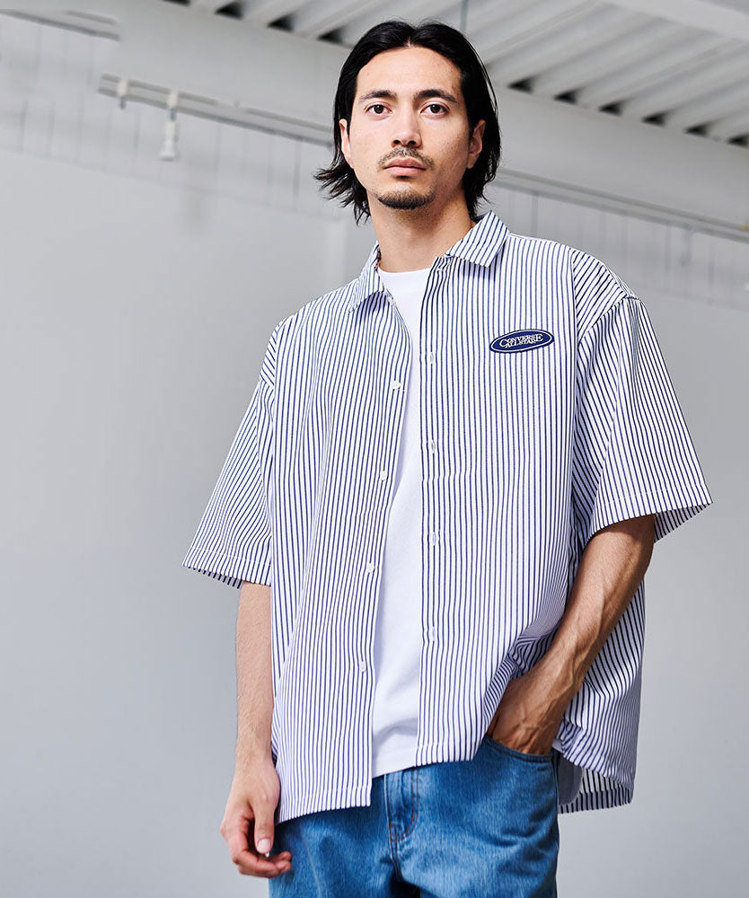 キャバリア CavariA CONVERSE ワッペン付きストライプ半袖オーバーシャツ （09(WHT ST/ホワイトストライプ)） 09(WHT ST/ホワイトストライプ)