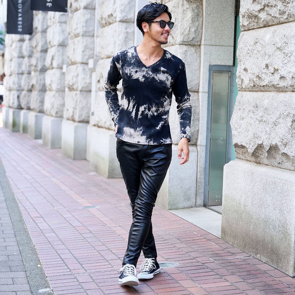 キャバリア CavariA Bernings Sho  ムラ染めテレコ長袖TEE ロンティー （01(WHT×BLK/ホワイト×ブラック)） 01(WHT×BLK/ホワイト×ブラック)