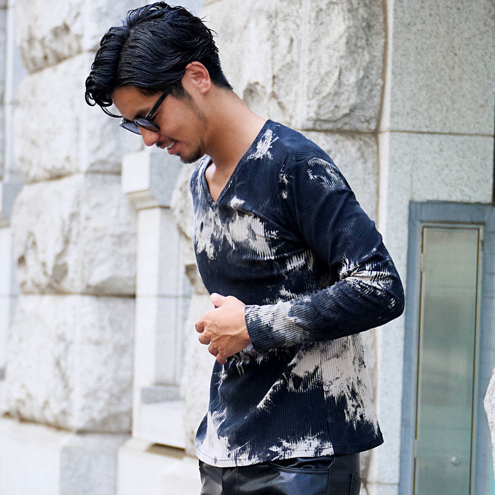 キャバリア CavariA Bernings Sho  ムラ染めテレコ長袖TEE ロンティー （01(WHT×BLK/ホワイト×ブラック)） 01(WHT×BLK/ホワイト×ブラック)