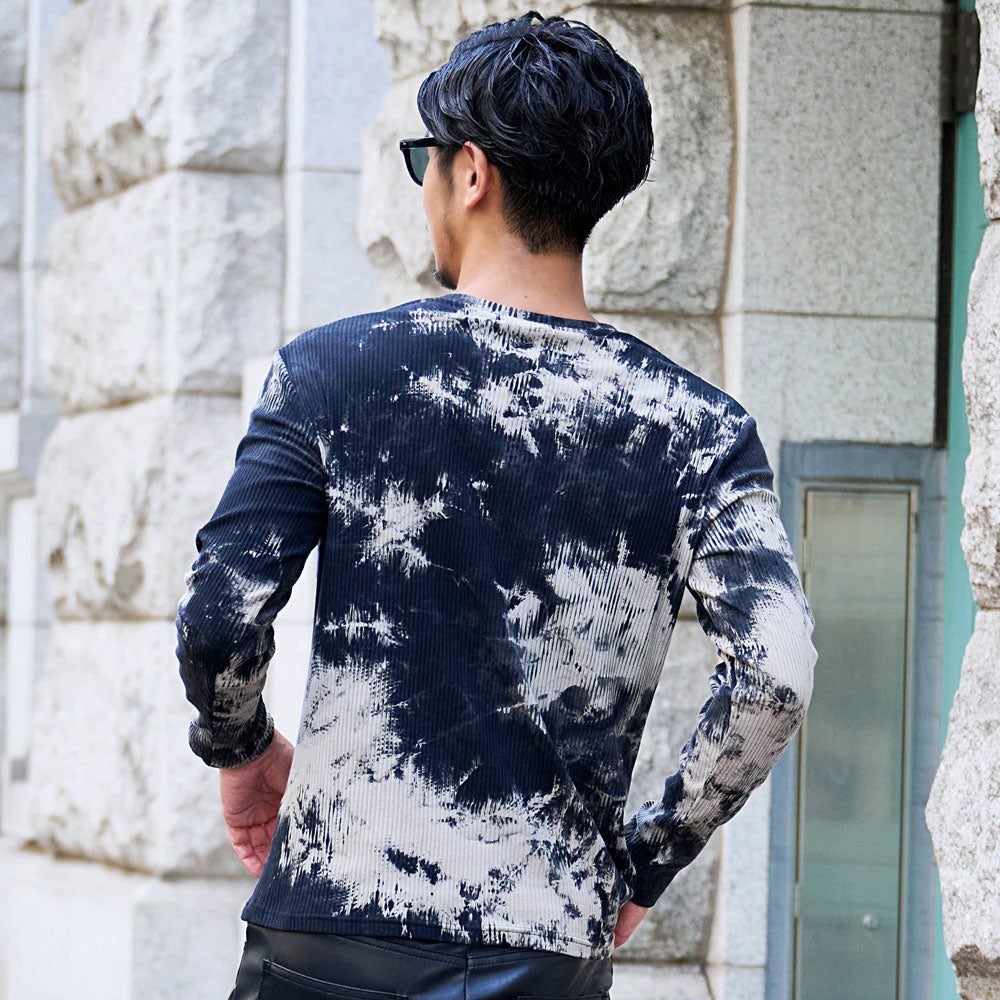 キャバリア CavariA Bernings Sho  ムラ染めテレコ長袖TEE ロンティー （01(WHT×BLK/ホワイト×ブラック)） 01(WHT×BLK/ホワイト×ブラック)