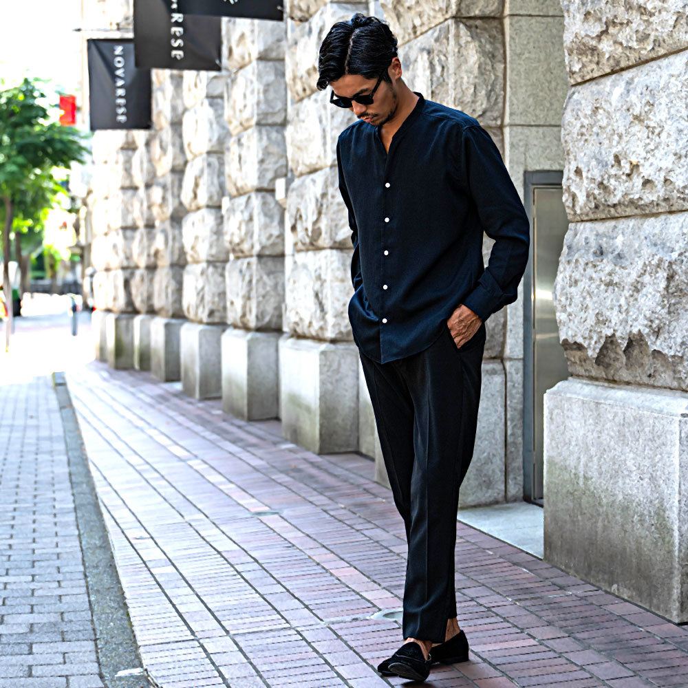 キャバリア CavariA CavariA 日本製スキッパーバンドカラールーズ長袖シャツ （NAVY(ネイビー)） NAVY(ネイビー)