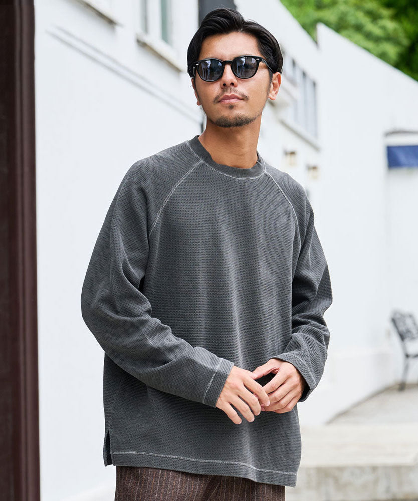 キャバリア CavariA CavariA ピグメントワッフルカットソー 長袖Tシャツ （BLACK(ブラック)） BLACK(ブラック)
