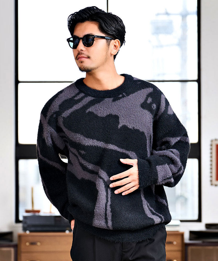 キャバリア CavariA CavariA 5Gフェザーヤーンマーブル柄クルー ニット （02.BLK×CHA(ブラック×チャコール)） 02.BLK×CHA(ブラック×チャコール)