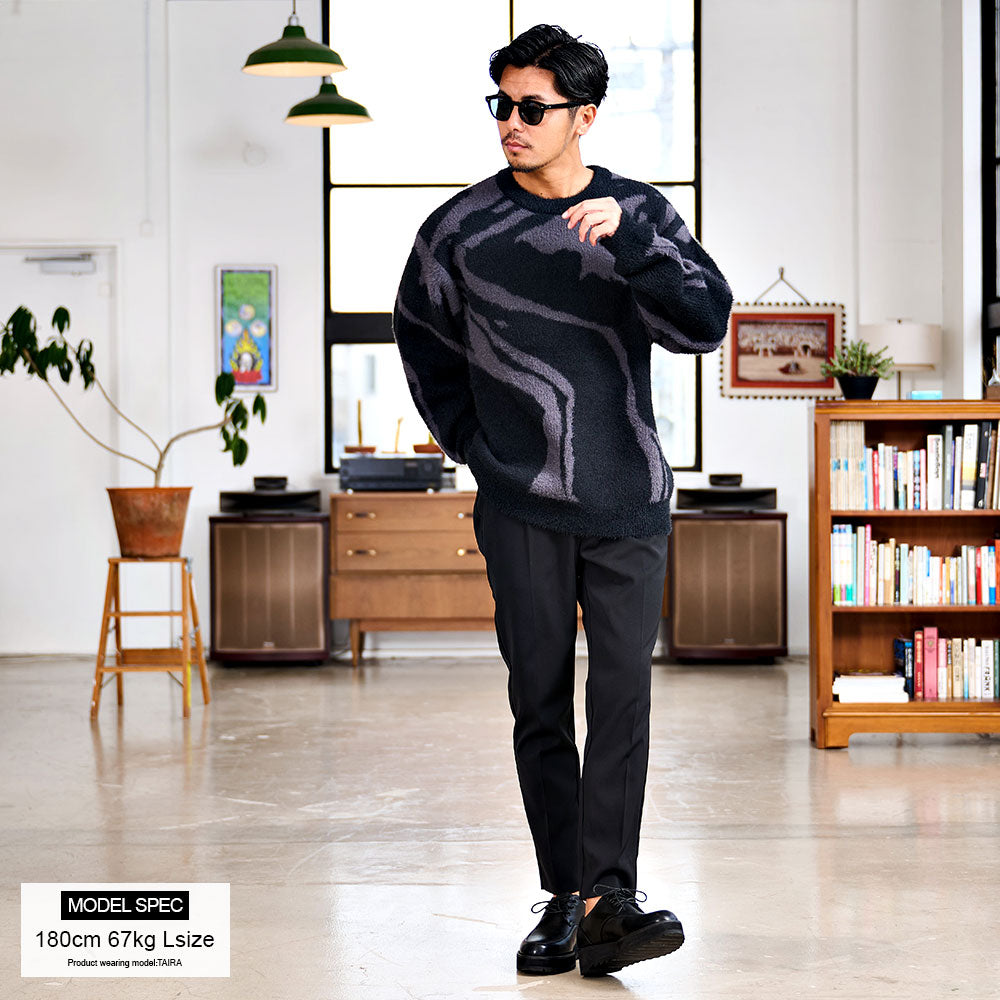 キャバリア CavariA CavariA 5Gフェザーヤーンマーブル柄クルー ニット （02.BLK×CHA(ブラック×チャコール)） 02.BLK×CHA(ブラック×チャコール)