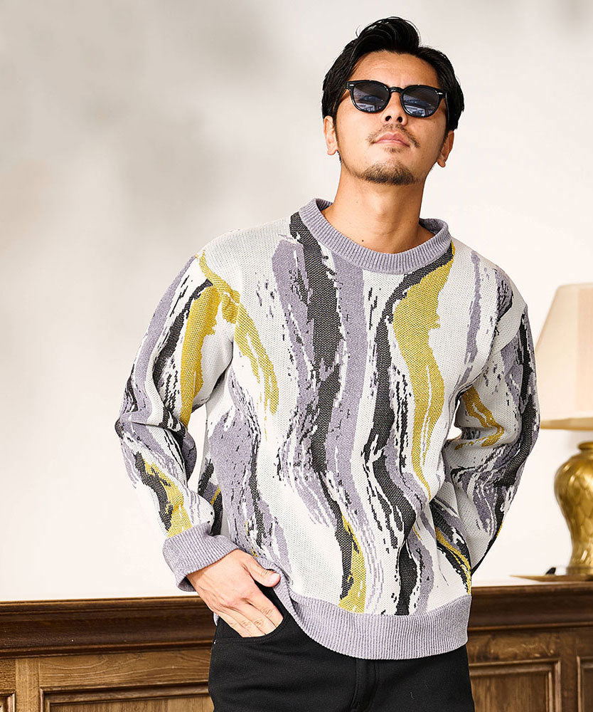 キャバリア CavariA CavariA ジャガードマーブルクルーネック柄長袖ニットセーター （GRY(グレー)） GRY(グレー)