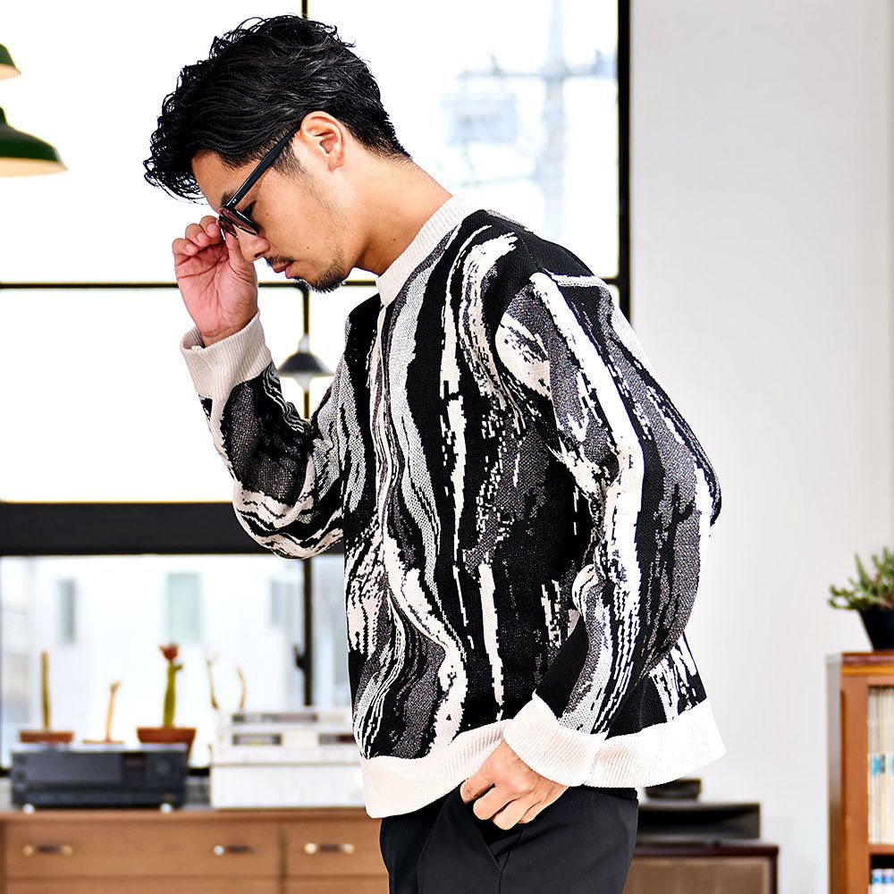 キャバリア CavariA CavariA ジャガードマーブルクルーネック柄長袖ニットセーター （GRY(グレー)） GRY(グレー)