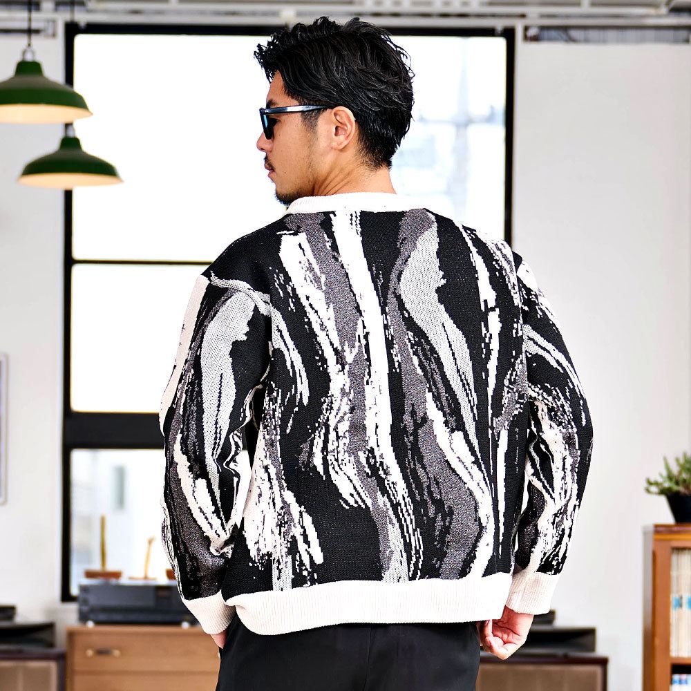 キャバリア CavariA CavariA ジャガードマーブルクルーネック柄長袖ニットセーター （GRY(グレー)） GRY(グレー)