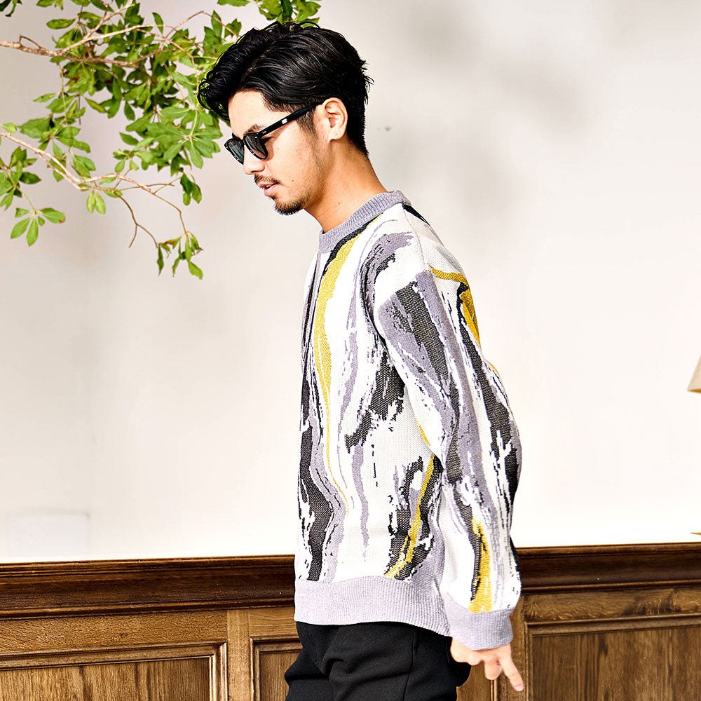 キャバリア CavariA CavariA ジャガードマーブルクルーネック柄長袖ニットセーター （GRY(グレー)） GRY(グレー)