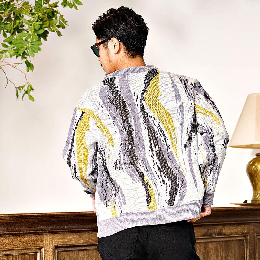 キャバリア CavariA CavariA ジャガードマーブルクルーネック柄長袖ニットセーター （GRY(グレー)） GRY(グレー)