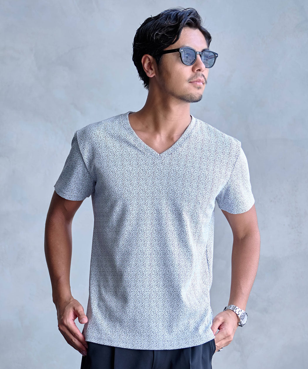 キャバリア CavariA CavariA ラフヘリンボーン半袖VネックTEE （02(WHT×BLK/ホワイト×ブラック)） 02(WHT×BLK/ホワイト×ブラック)