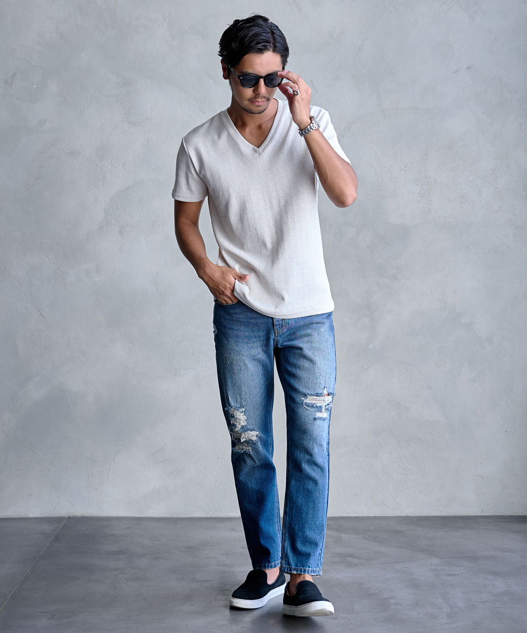 キャバリア CavariA CavariA ラフヘリンボーン半袖VネックTEE （02(WHT×BLK/ホワイト×ブラック)） 02(WHT×BLK/ホワイト×ブラック)