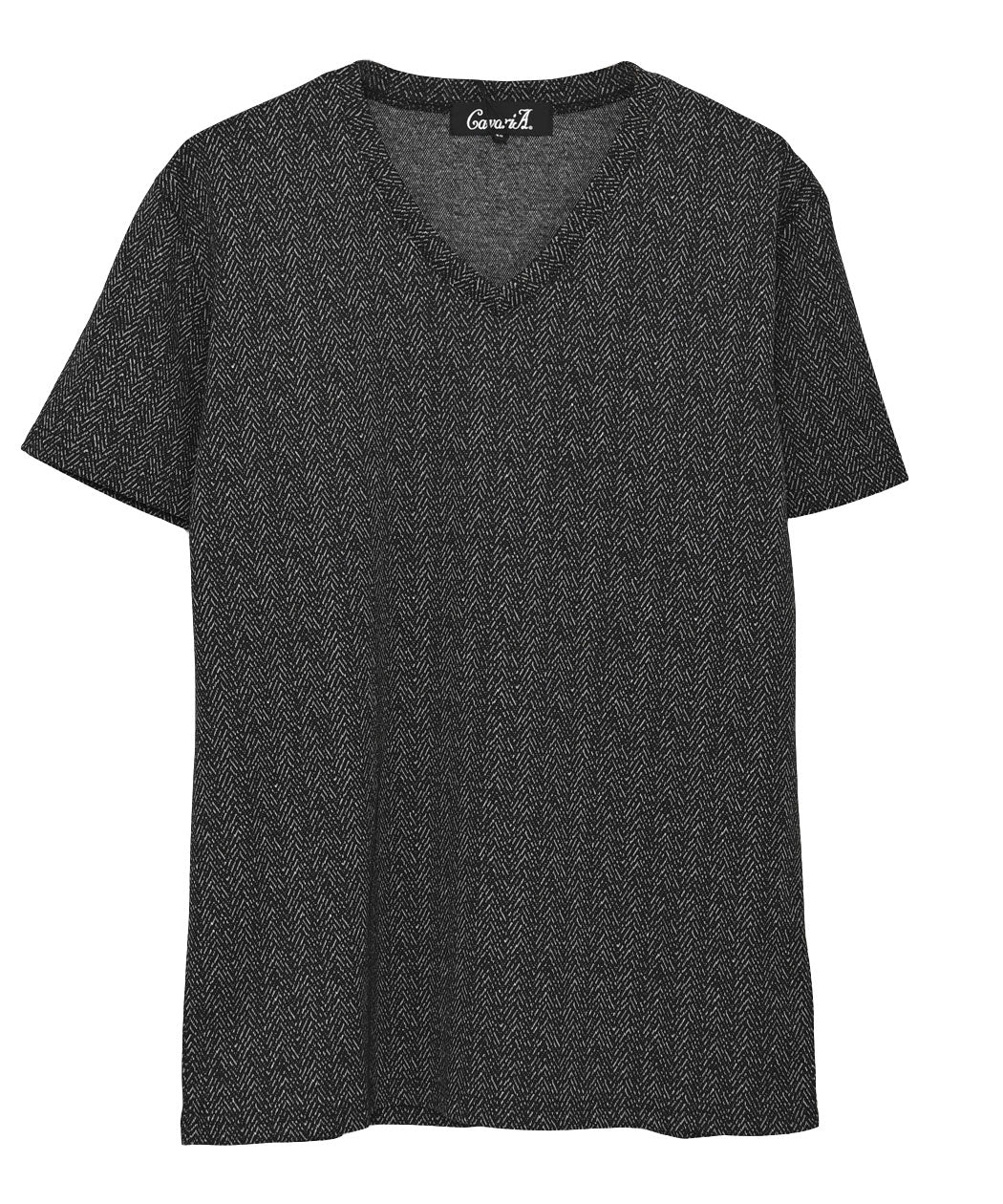 キャバリア CavariA CavariA ラフヘリンボーン半袖VネックTEE （02(WHT×BLK/ホワイト×ブラック)） 02(WHT×BLK/ホワイト×ブラック)