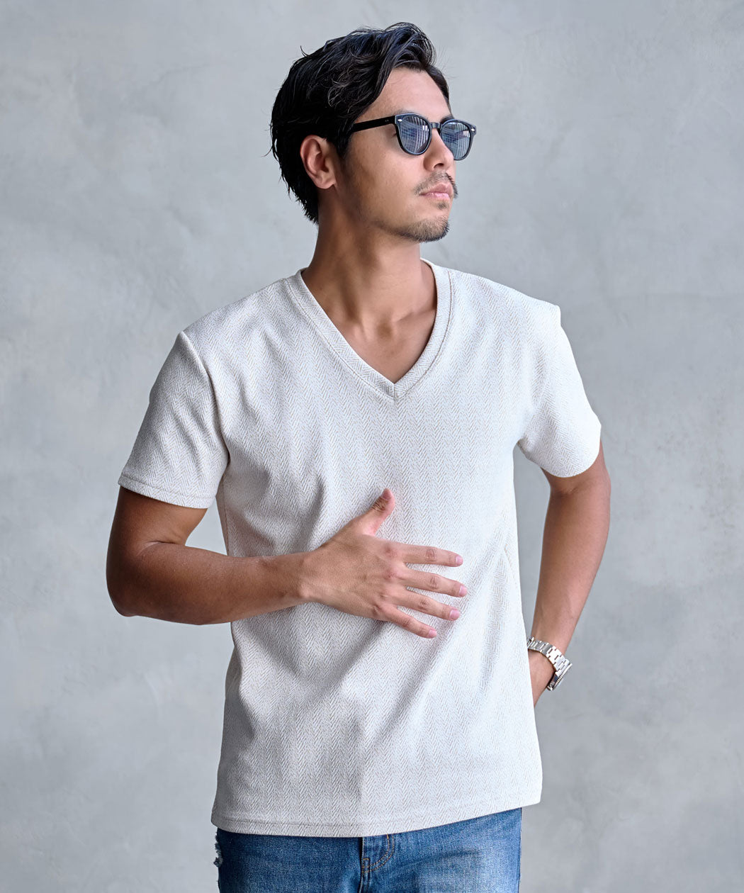 キャバリア CavariA CavariA ラフヘリンボーン半袖VネックTEE （01(WHT×BEG/ホワイト×ベージュ)） 01(WHT×BEG/ホワイト×ベージュ)