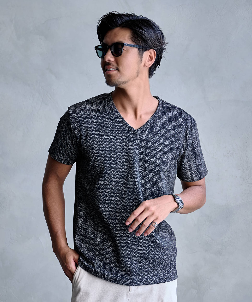 キャバリア CavariA CavariA ラフヘリンボーン半袖VネックTEE （90(BLK×GRY/ブラック×グレー)） 90(BLK×GRY/ブラック×グレー)