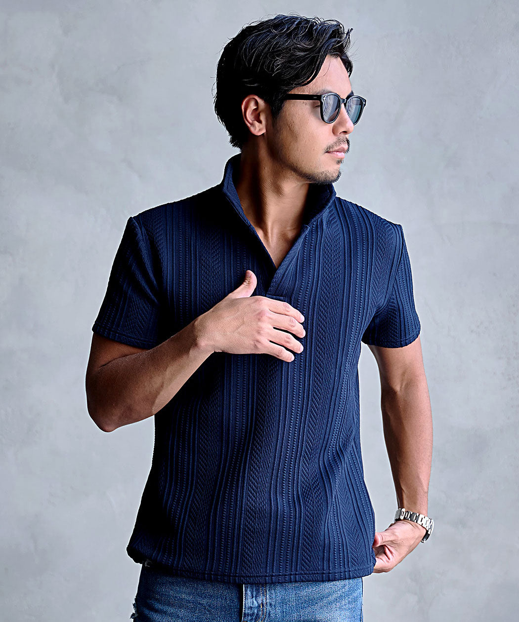 キャバリア CavariA CavariA 立体ストライプイタリアンカラー半袖ポロシャツ （70(NAVY/ネイビー)） 70(NAVY/ネイビー)