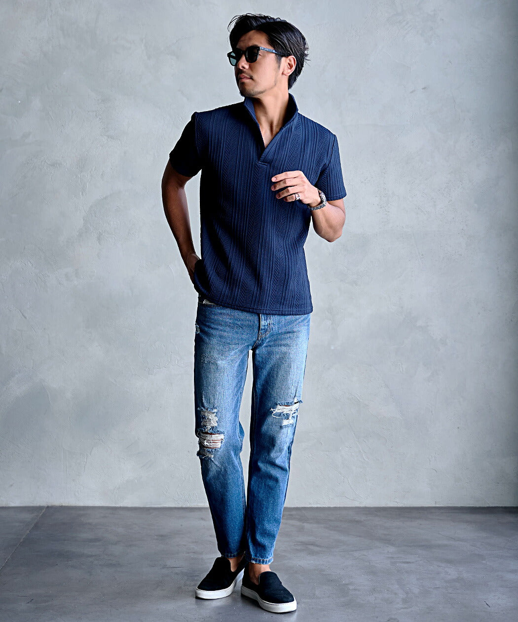 キャバリア CavariA CavariA 立体ストライプイタリアンカラー半袖ポロシャツ （70(NAVY/ネイビー)） 70(NAVY/ネイビー)