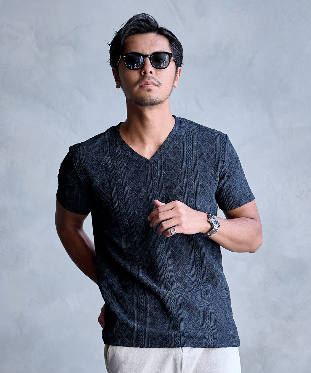 キャバリア CavariA CavariA 汚し加工格子ケーブル半袖VネックTEE （10(GRY/グレー)） 10(GRY/グレー)
