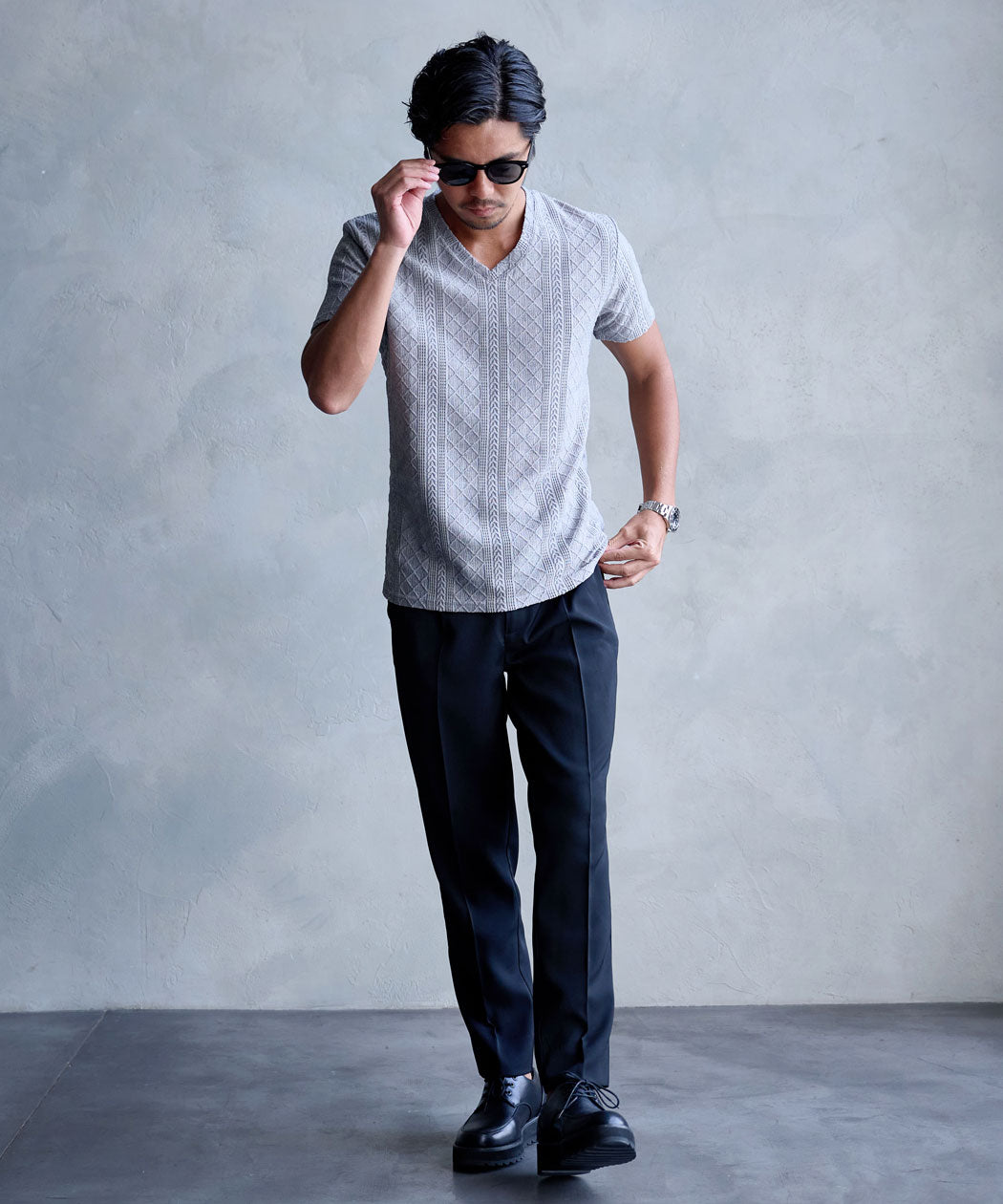 キャバリア CavariA CavariA 汚し加工格子ケーブル半袖VネックTEE （10(GRY/グレー)） 10(GRY/グレー)
