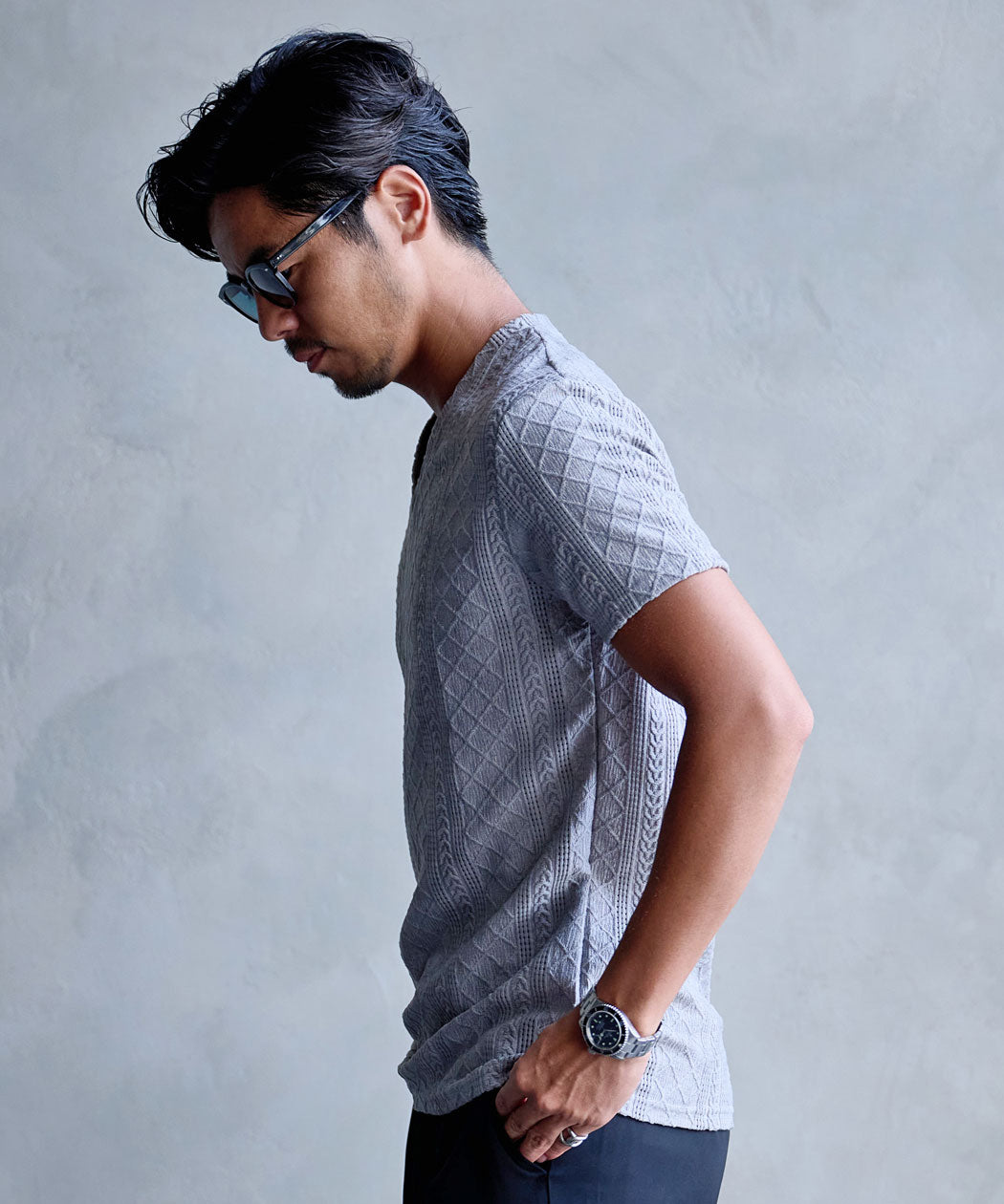 キャバリア CavariA CavariA 汚し加工格子ケーブル半袖VネックTEE （10(GRY/グレー)） 10(GRY/グレー)