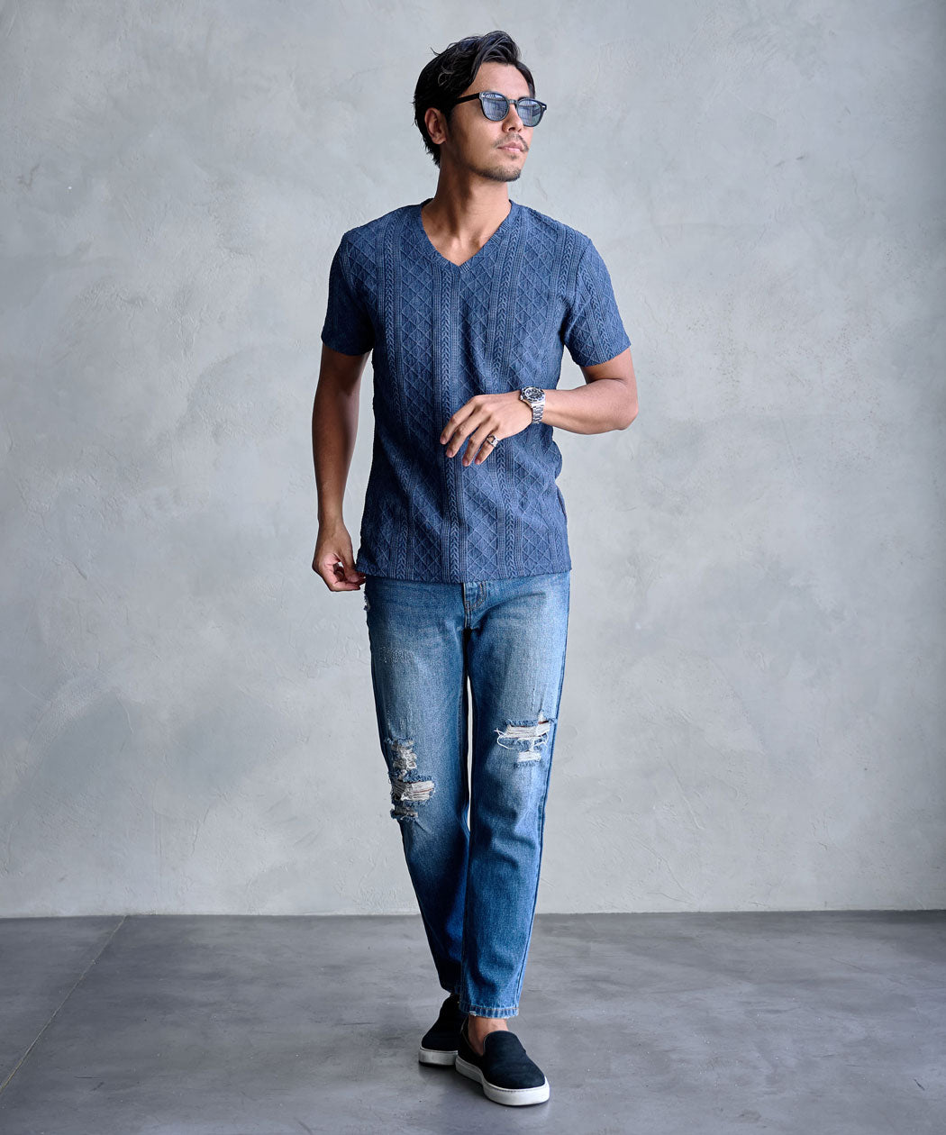 キャバリア CavariA CavariA 汚し加工格子ケーブル半袖VネックTEE （10(GRY/グレー)） 10(GRY/グレー)
