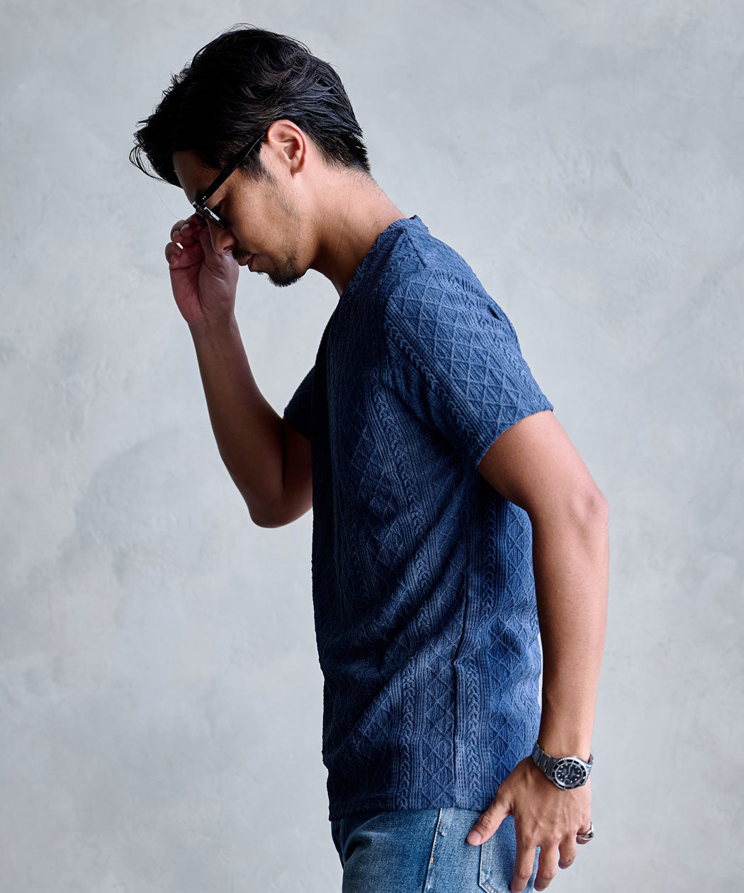 キャバリア CavariA CavariA 汚し加工格子ケーブル半袖VネックTEE （10(GRY/グレー)） 10(GRY/グレー)