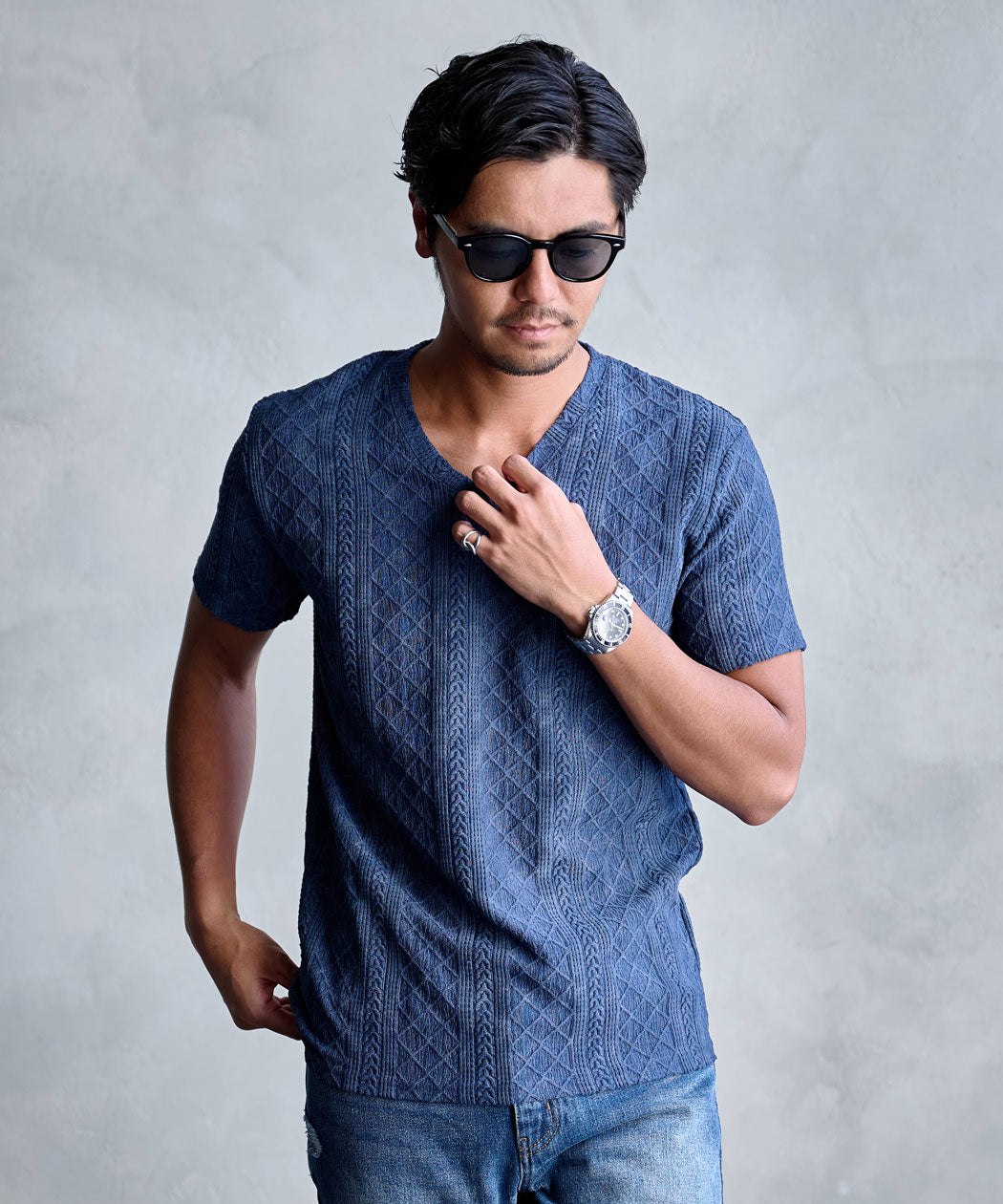 キャバリア CavariA CavariA 汚し加工格子ケーブル半袖VネックTEE （70(NAVY/ネイビー)） 70(NAVY/ネイビー)