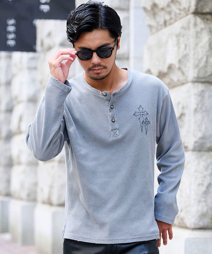 シルバーバレットセレクト SB Select SB select ヴィンテージ風クロス刺繍ワッフルダメージロンT （3(GRY/グレー)） 3(GRY/グレー)